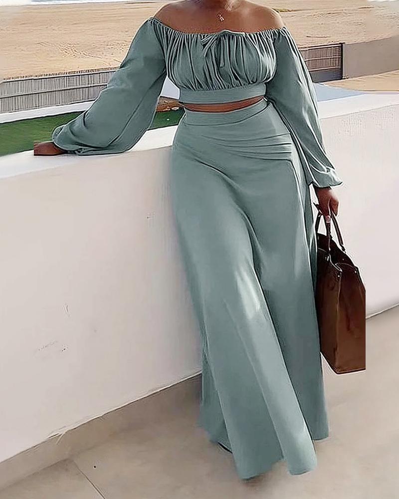 Ruched Lantern Sleeve Top & Slit Skirt Set