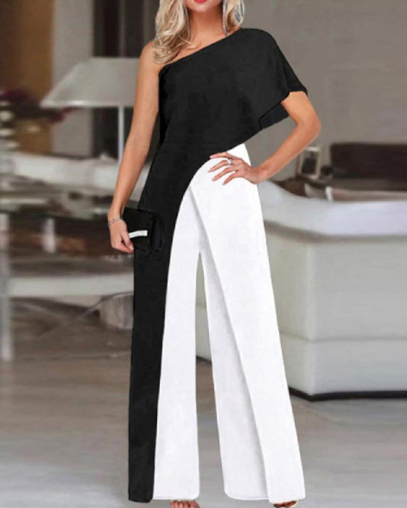 Colorblock One Shoulder Straight Leg Jumpsuit