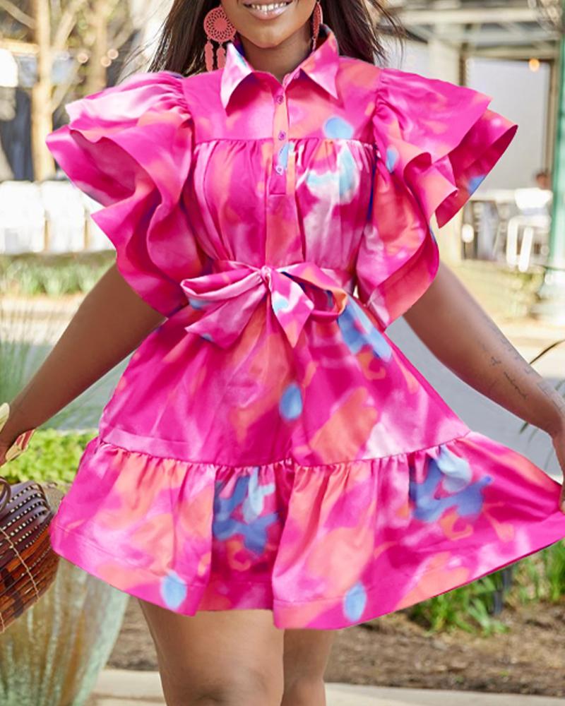 Tie Dye Print Ruffles Buttoned Shirt Dress