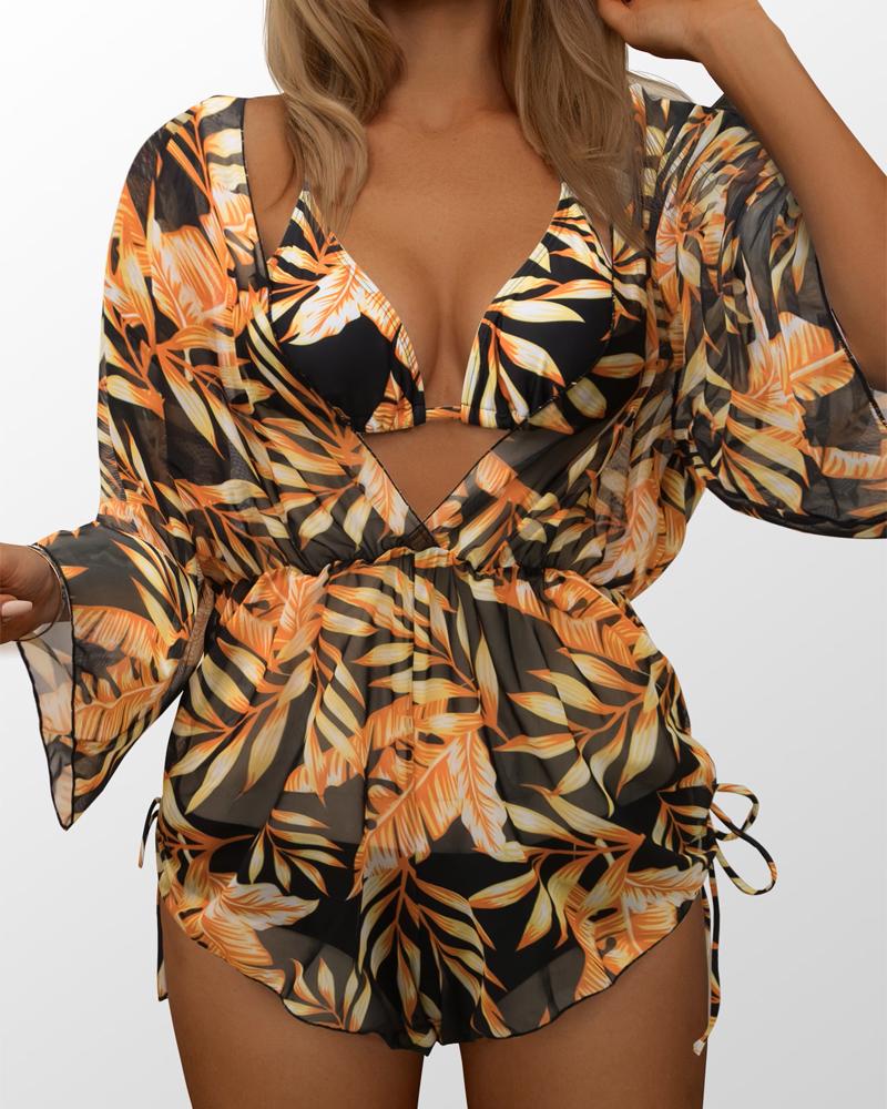 3PCS Tropical Print Halter Bikini Set With Cover Up