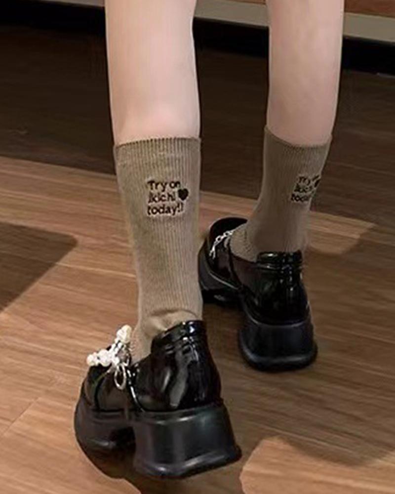 1Pair Slogan Pattern Knit Crew Socks