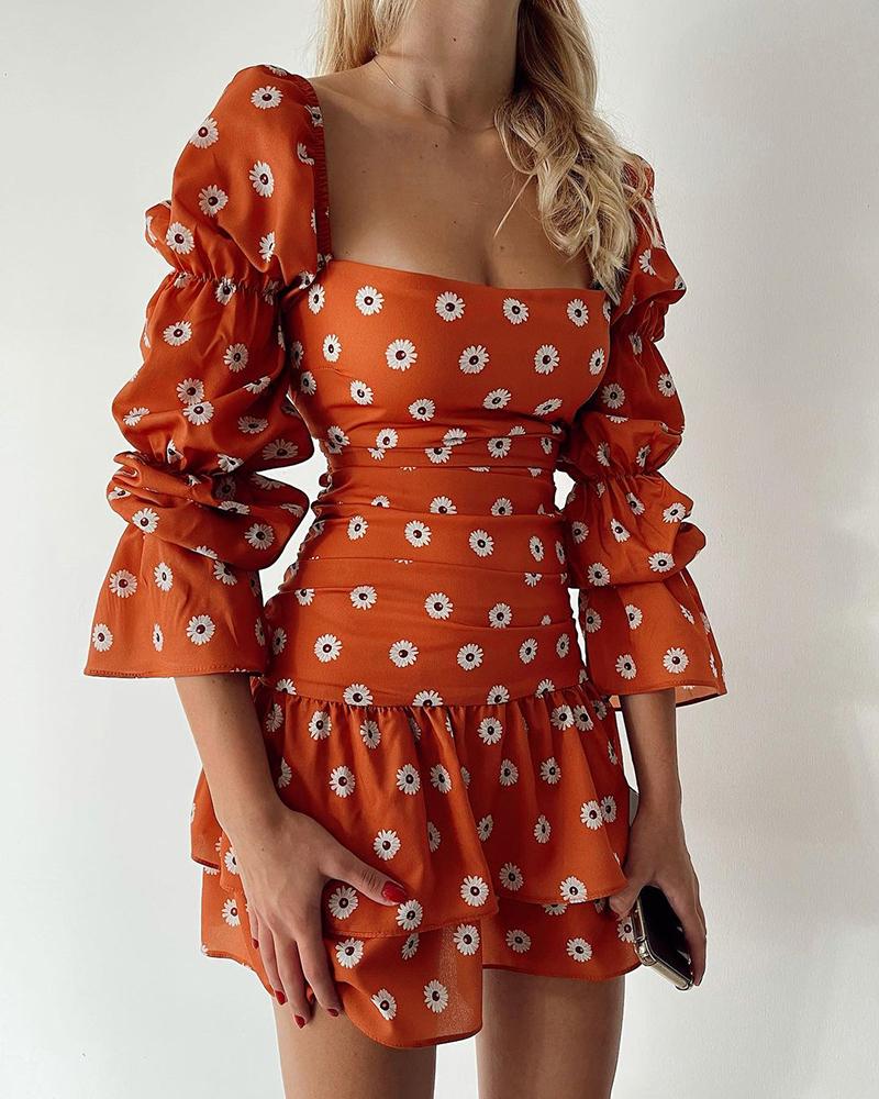 Print Dresses Puff Sleeve Daisy Print Bodycon Dress