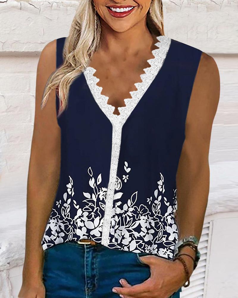 Plants Print Contrast Lace Casual Tank Top