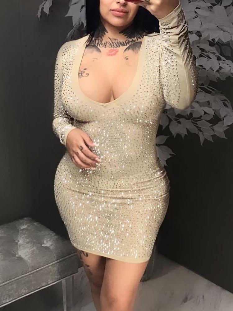 Mini Dresses Shiny Mesh Long Sleeve Mini Dress