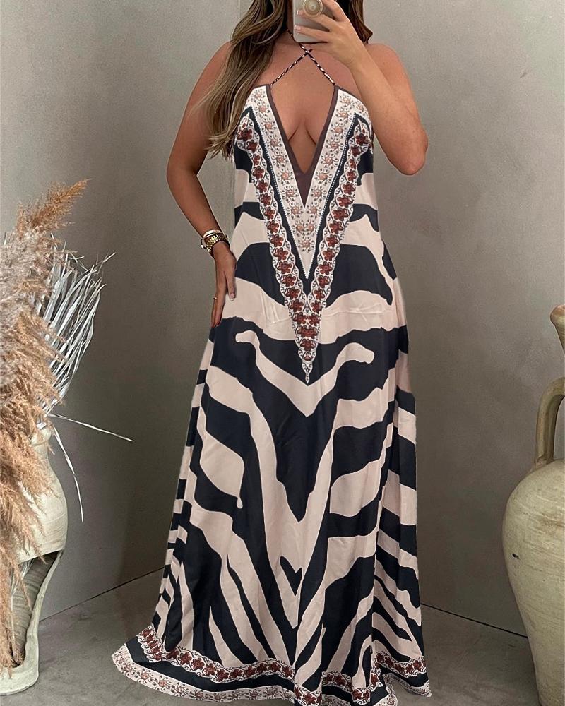 Tribal Abstract Print Plunge Maxi Dress