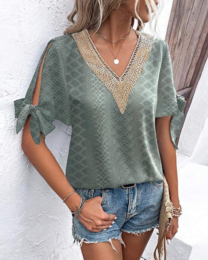 Eyelet Embroidery Split Sleeve Top