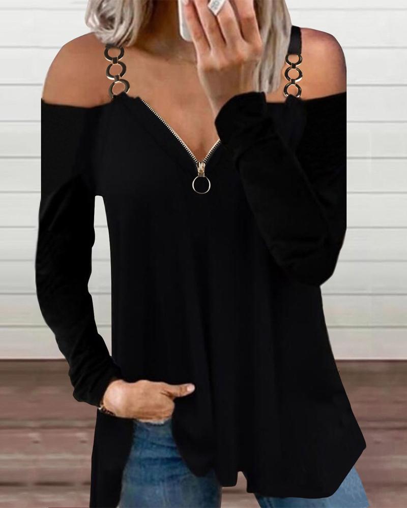 Zipper Front Cold Shoulder Top