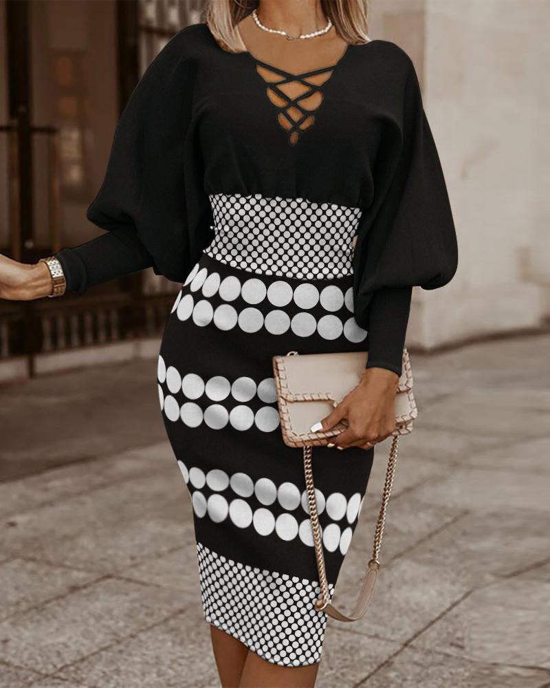 Polka Dot Print Lantern Sleeve Midi Dress