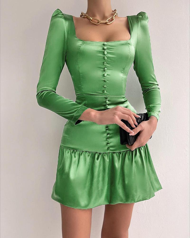 Puff Sleeve Button Decor Ruffles Casual Dress