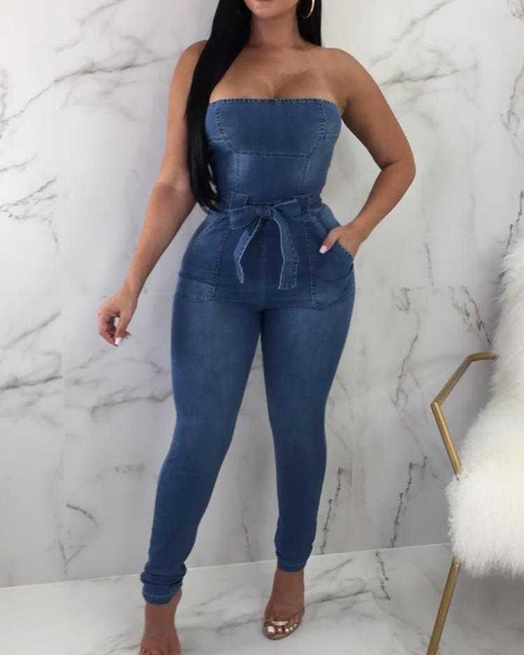 Fashion Belted Strapless Denim Jumpsuit