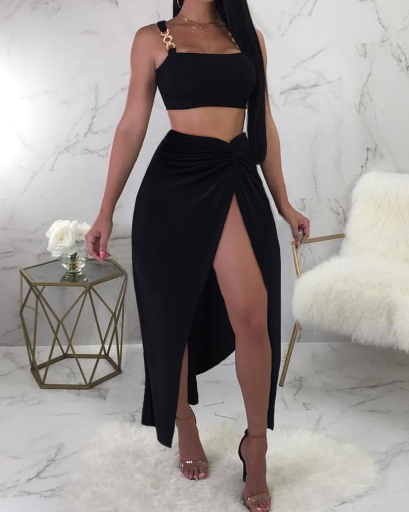 Chain Strap Crop Top & High Slit Twisted Skirt Set