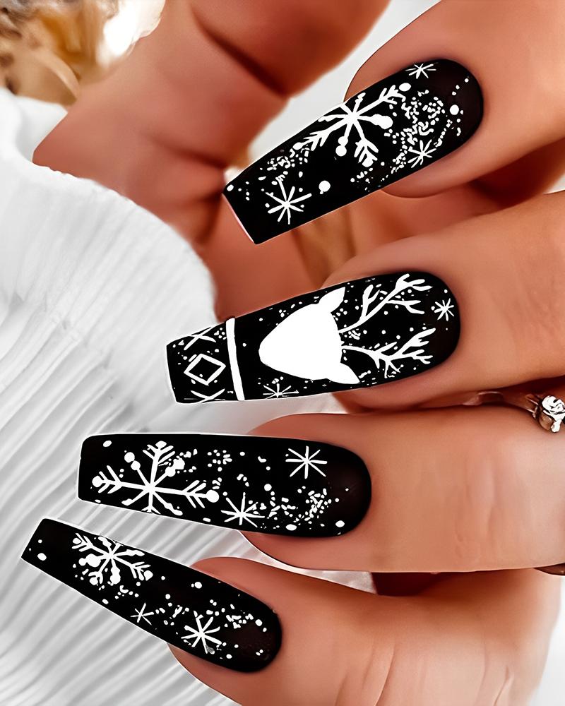 24pcs Christmas Reindeer Snowflake Design Matte Press-on Coffin False Nails Set