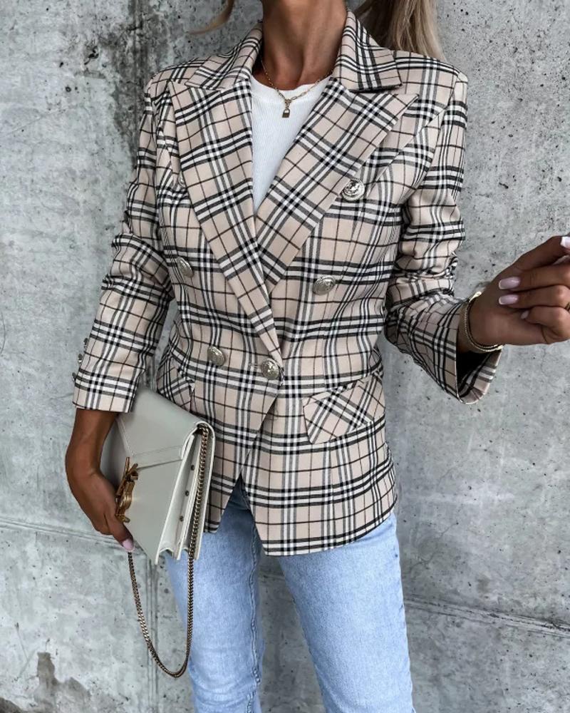 Plaid Print Long Sleeve Double Breasted Blazer