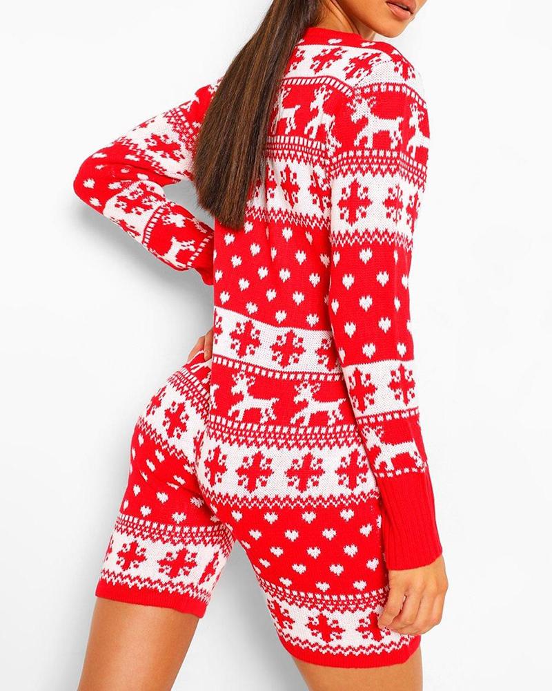 Christmas Heart Deer Snowflake Print Knit Romper