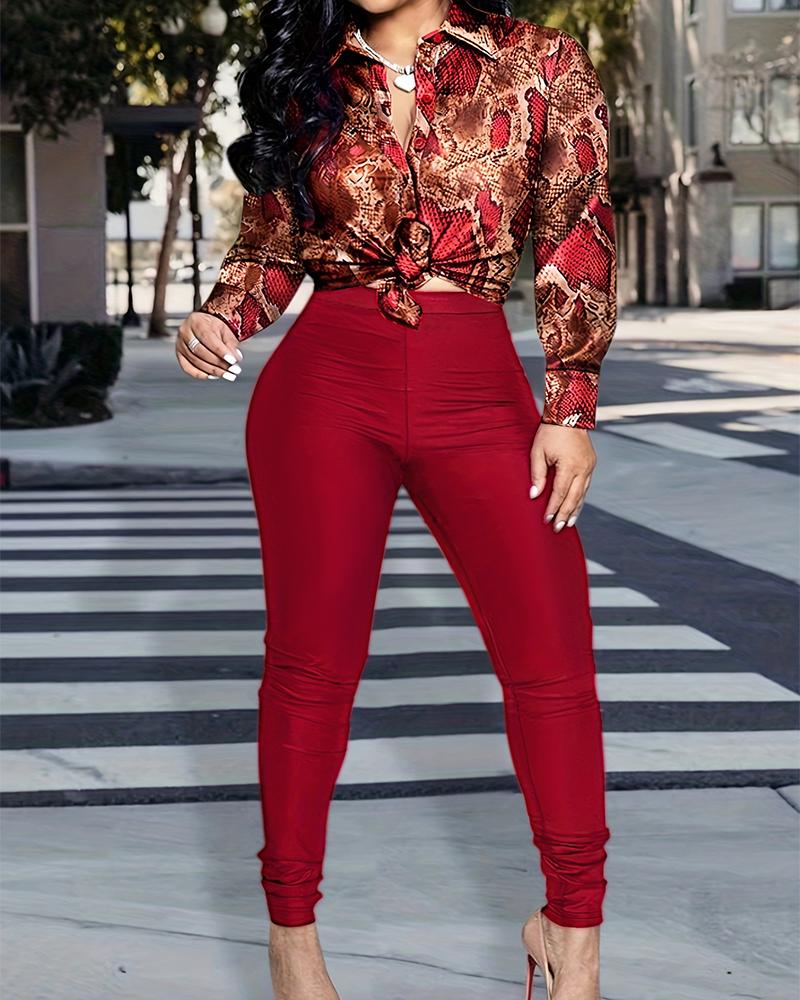 Plus Size Snakeskin Print Buttoned Top & High Waist Pants Set