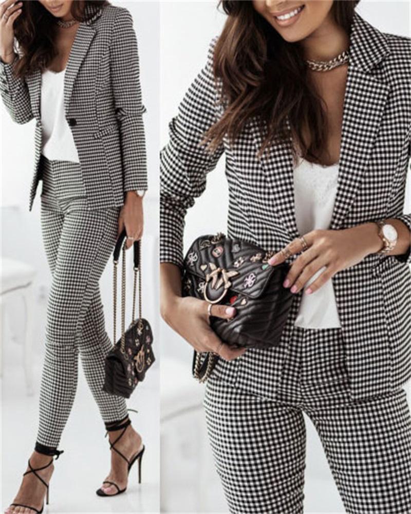 Plaid Print Long Sleeve Lapel Collar Blazer