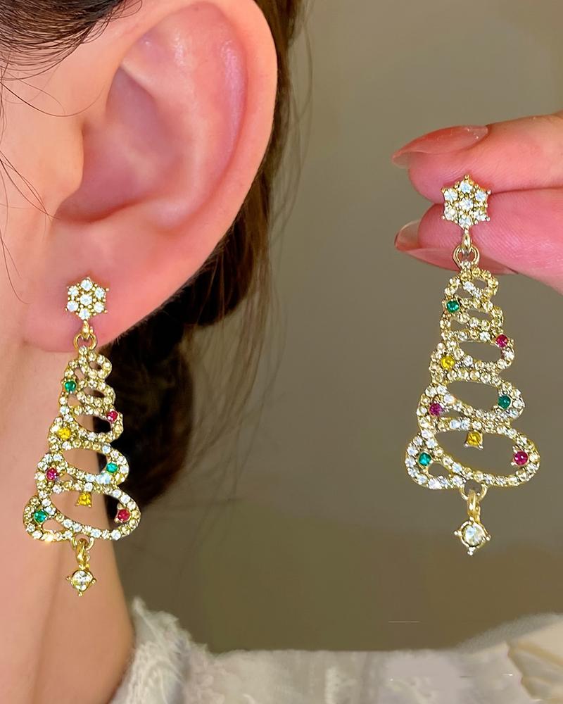 1Pair Rhinestone Hollow Christmas Tree Dangle Earrings