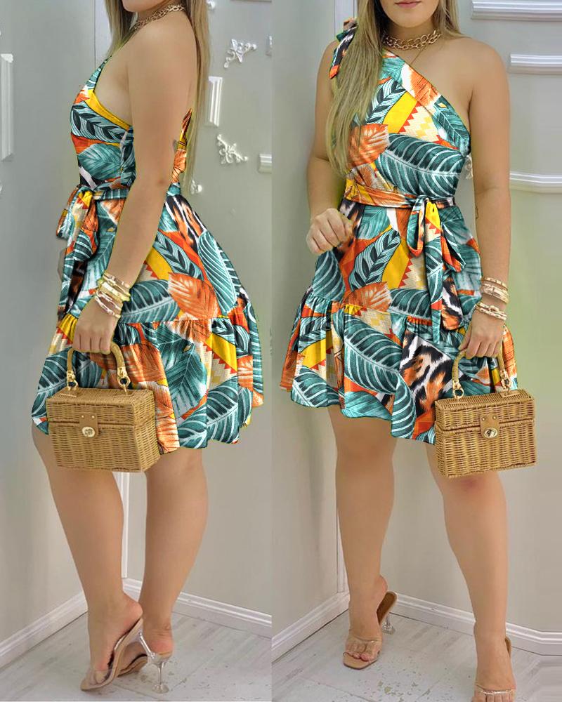 Print Dresses Tropical Print One Shoulder Tied Detail Belted Casual Dress