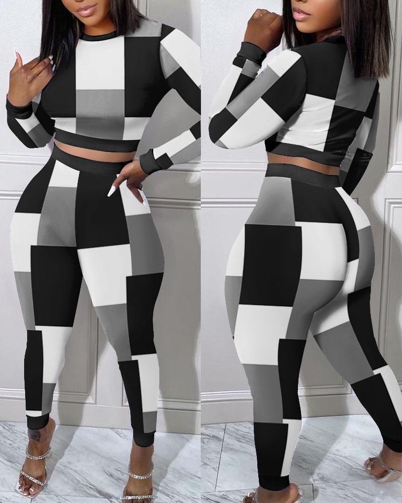 Geometric Print Long Sleeve Crop Top & Pants Set