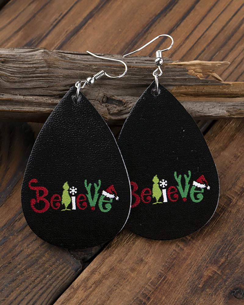 Christmas Letter Graphic Print PU Leather Drop Earrings