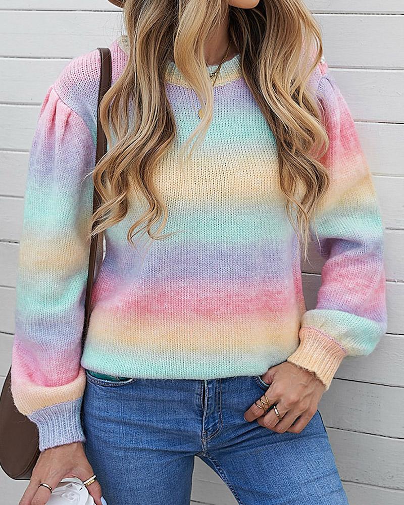 Rainbow Tie Dye Print Button Decor Knit Sweater