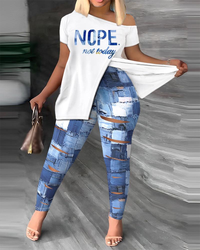 Plus Size Nope Not Today Slogan Denim Look Print Split Hem Top & Pants Set