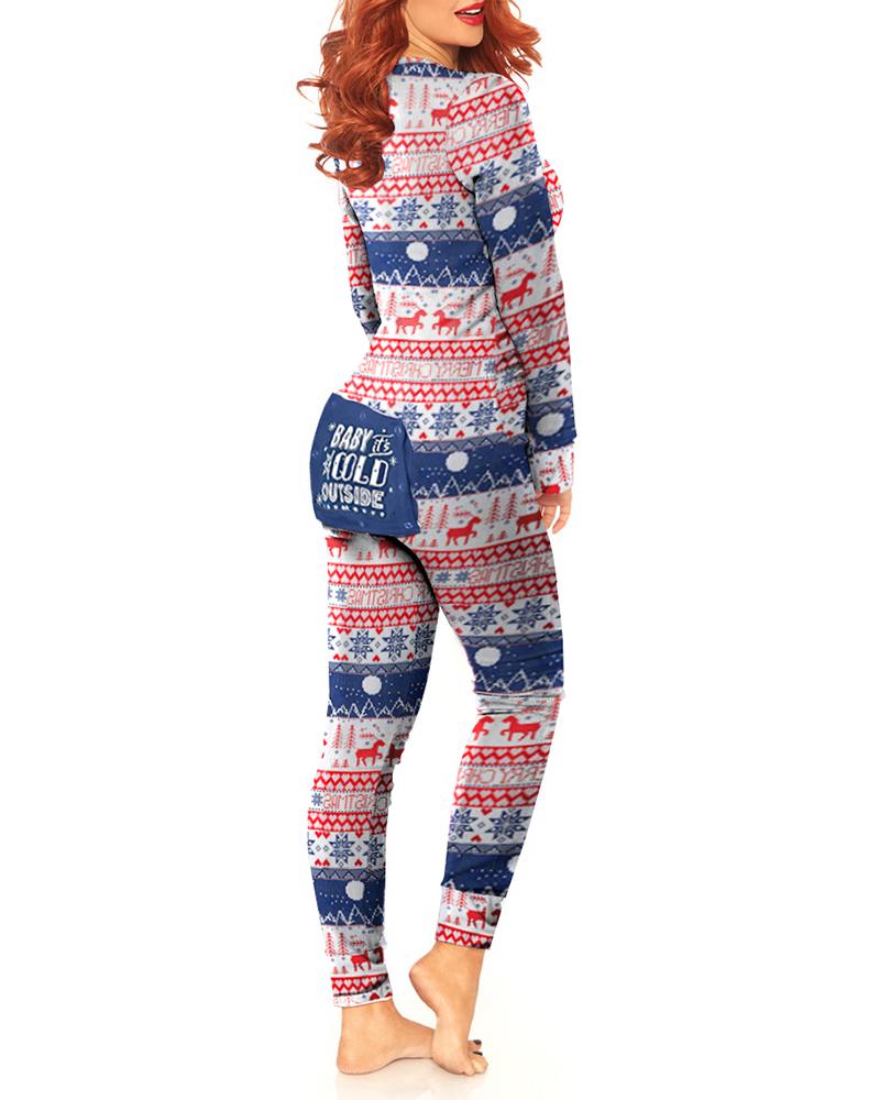 Christmas Print Functional Buttoned Flap Pajamas