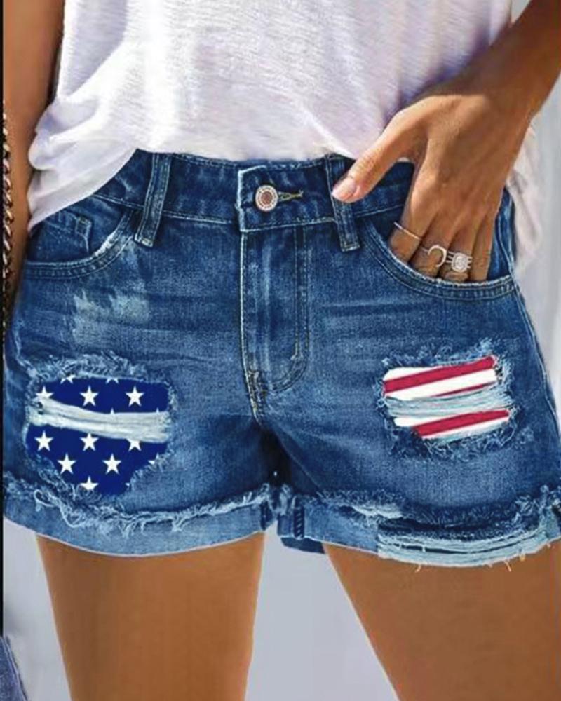 Independence Day Flag Print Patchwork Fringe Hem Denim Shorts