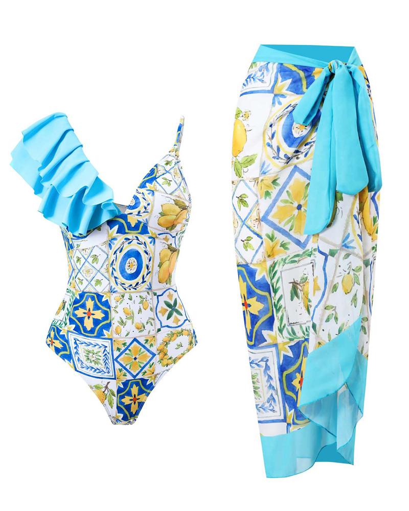 Scarf Print Ruffle Hem One-Piece Swimsuit With Cover Up