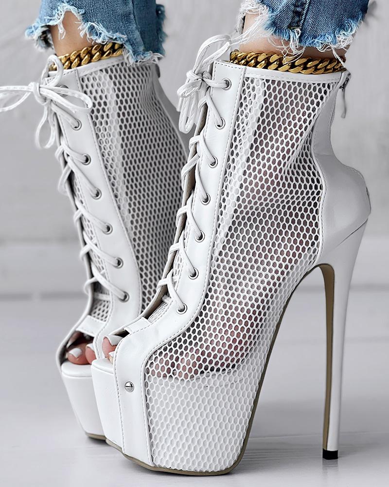 Lace-up Peep Toe Platform Fishnet Design Ankle Boots