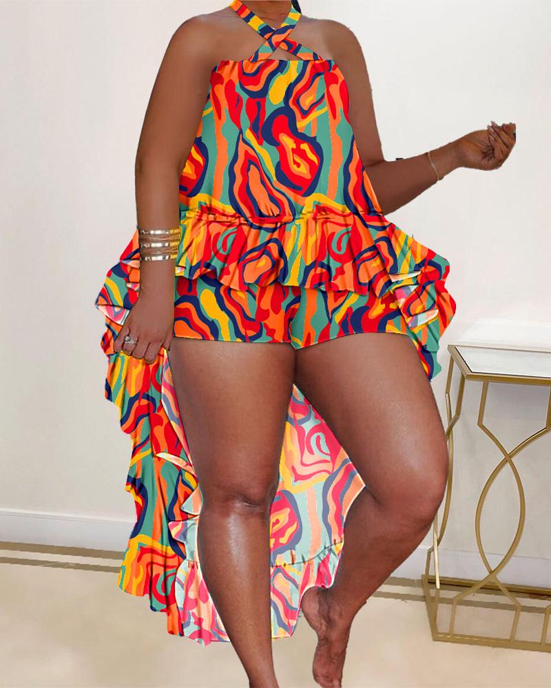 Plus Size Asymmetrical Ruffles Top & Shorts Set
