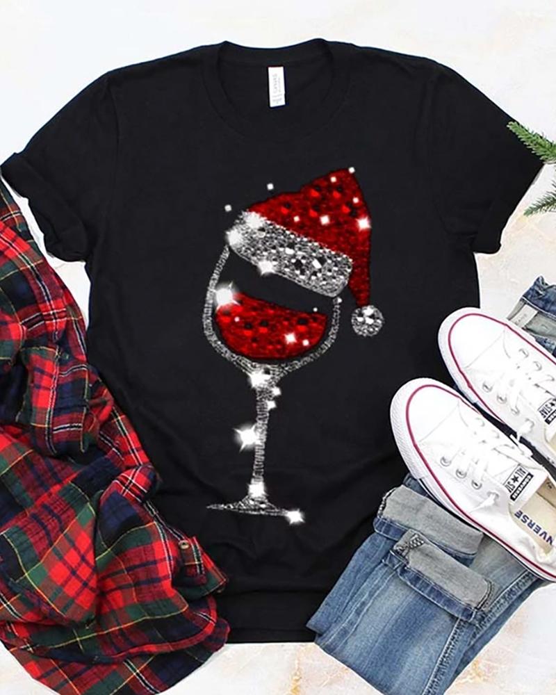 T-shirt & Tees  ChicMe Christmas Short Sleeve Wineglass Hat Print T-Shirt