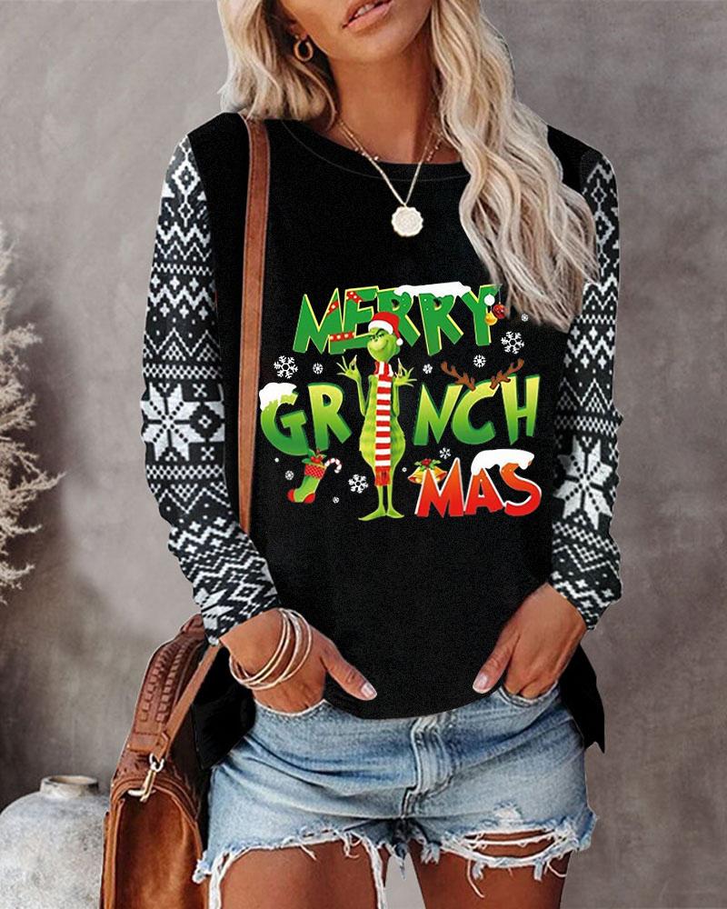 Merry Christmas Cartoon Print Long Sleeve Top