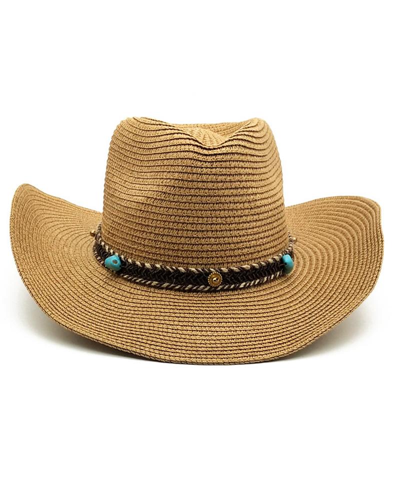 Turquoise Braided Tape Wide Brim Cowboy Straw Hat