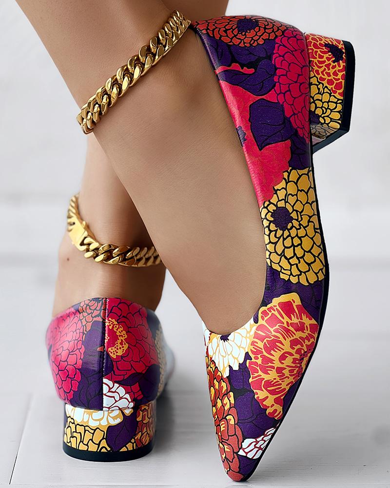 Floral Print Point Toe Chunky Heel Pumps