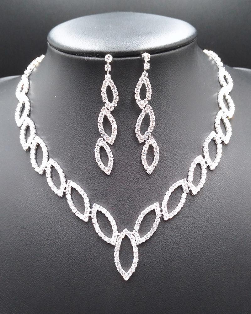 2pcs Hollow Out Rhinestone Leaf Pattern Necklace & Drop Earrings Jewelry Set