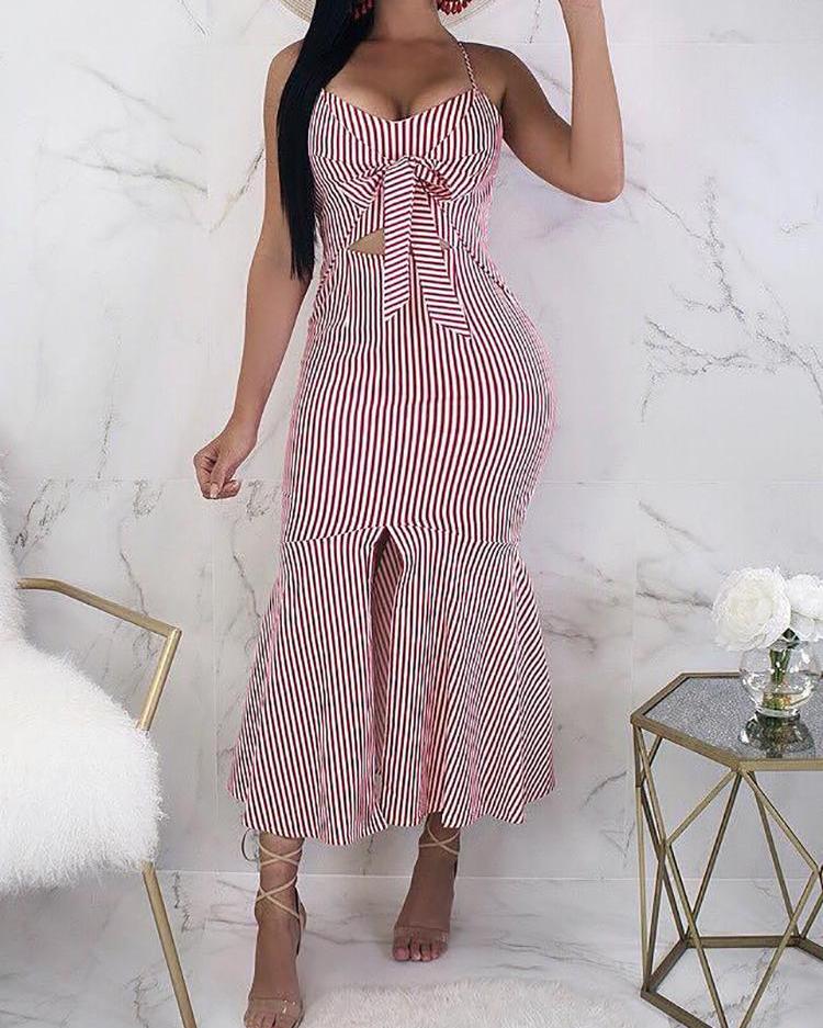 Striped Knot Cutout Front Slit Pep Hem Maxi Dress