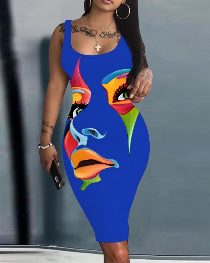 Abstract Figure Print Sleeveless U-Neck Bodycon Dress