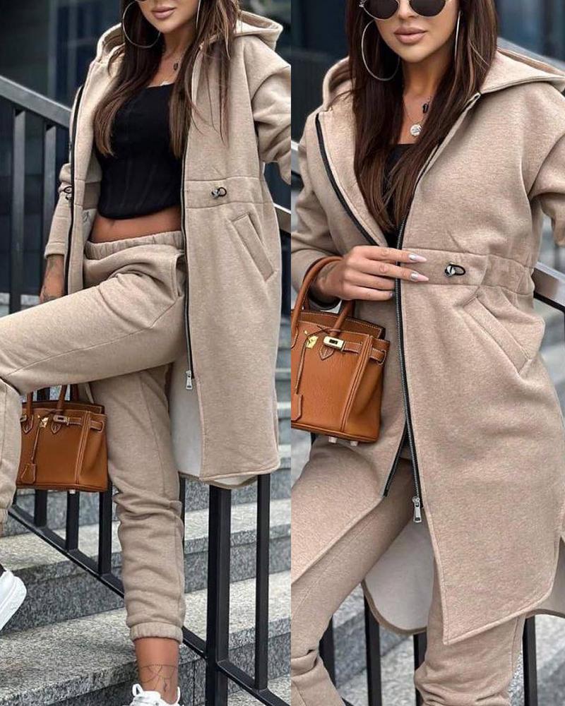 Zipper Design Longline Hooded Coat & Cuffed Pants Set