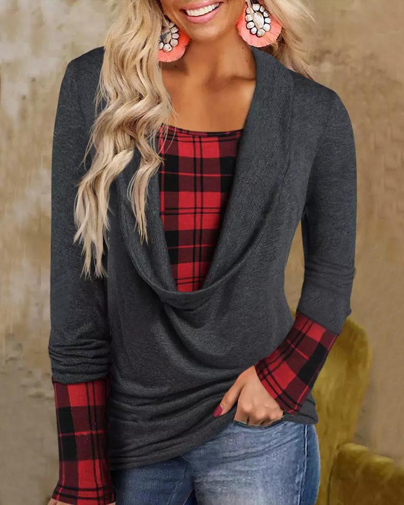 Contrast Plaid Fake Two-Piece Long Sleeve Top