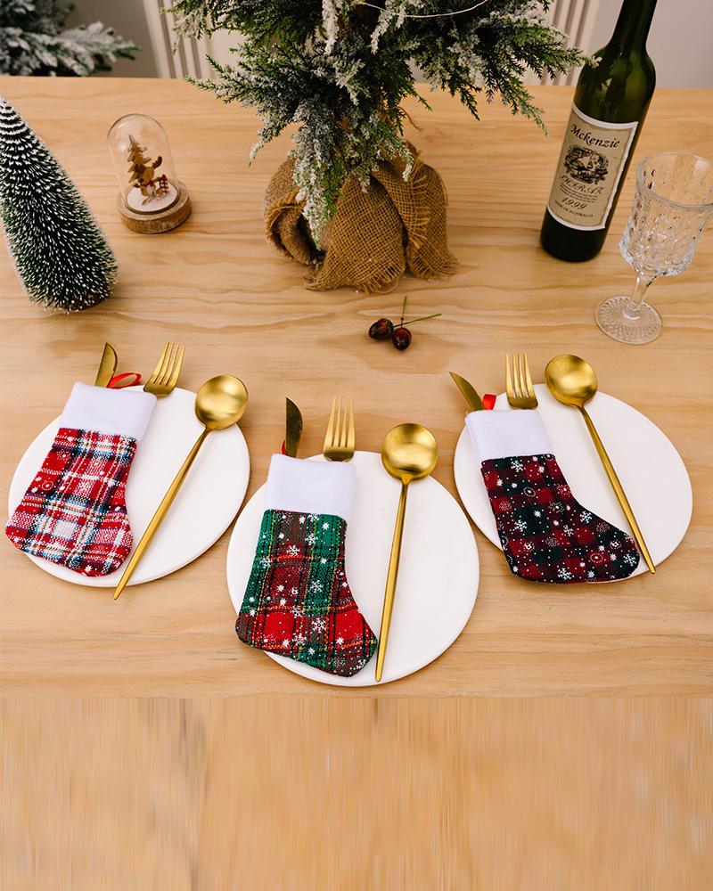 1pc Christmas Stocking Plaid Print Hanging Stocking Christmas Tree Decoration Ornament Decoration Spoon Fork Bag Kids Gift Party Supplies