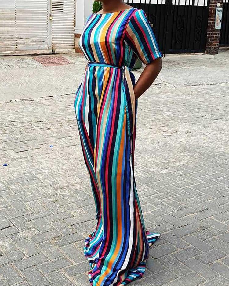 Rainbow Color Striped Loose Casual Dress