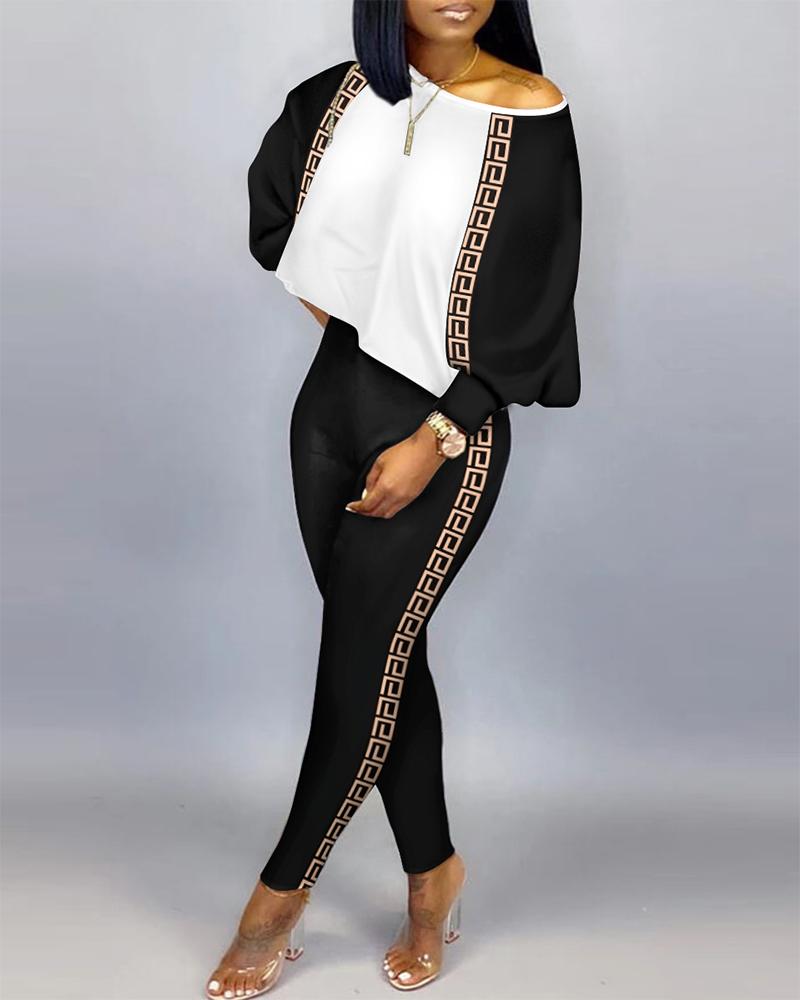 Colorblock Geometric Print Long Sleeve Top & Pants Set