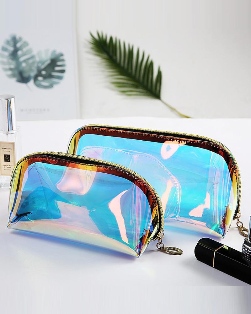2PCS Holographic Makeup Bag Cosmetic Travel Bag Portable Waterproof Iridescent Pouch Makeup Organizer