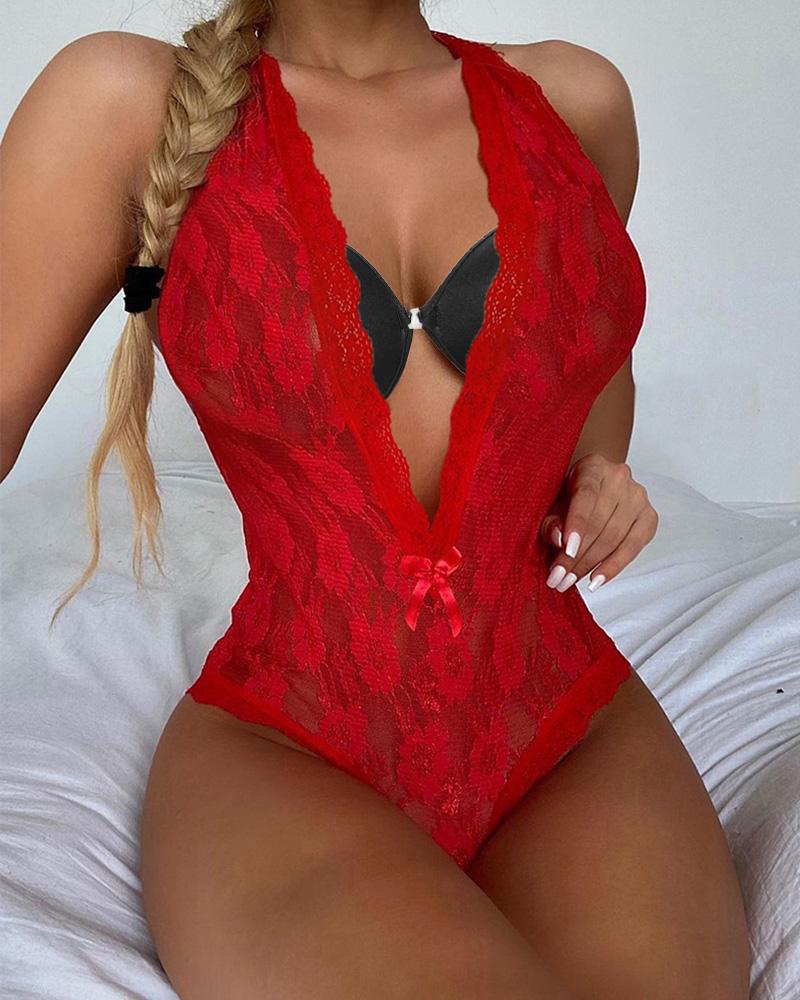 Halter Backless Bowknot Decor Cutout Lace Teddy