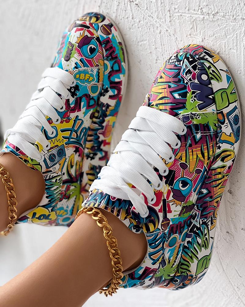 Cartoon Print Lace-up Casual Sneakers