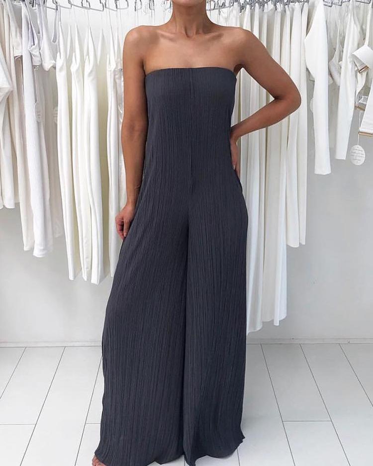 Sexy Solid Pleated Strapless Wide Leg Jumpsuit