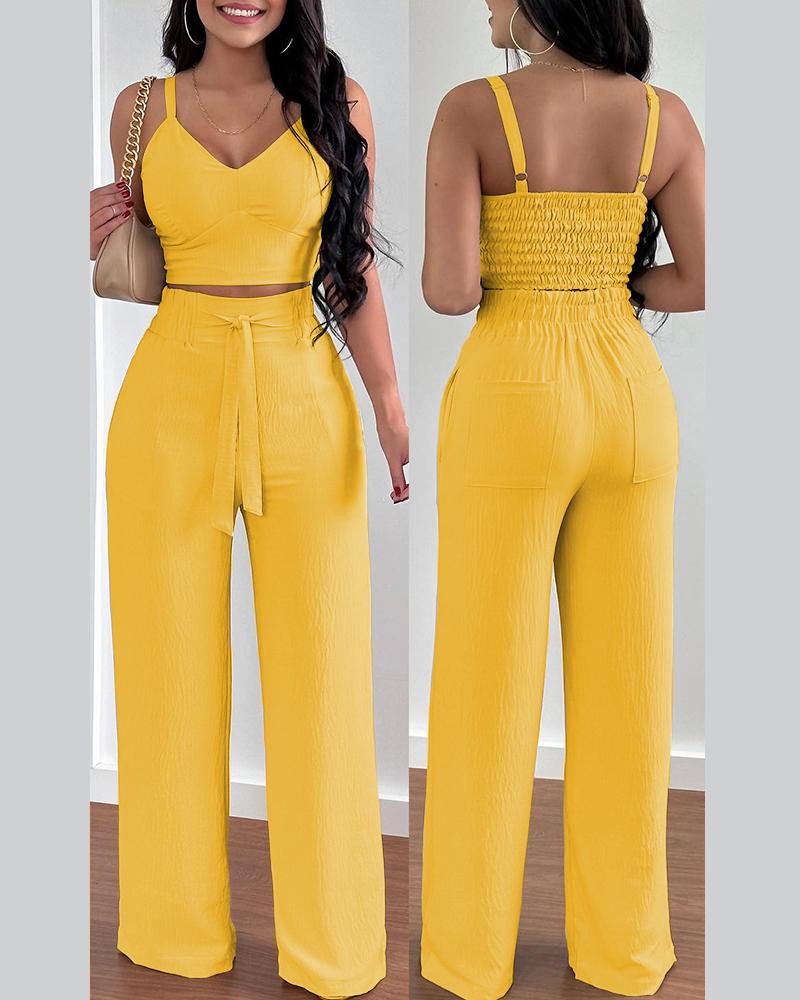 Shirred Crop Top & Pocket Design Wide Leg Pants Set