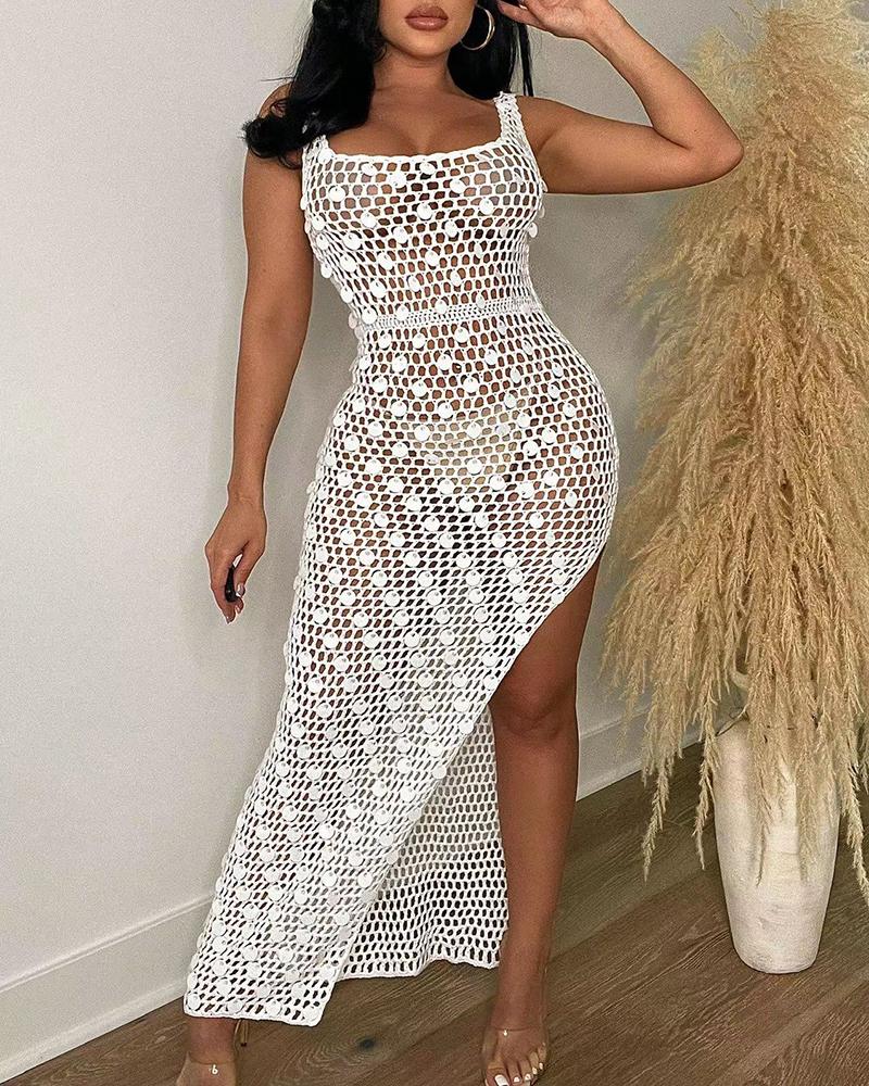 Hollow Out Disc Decor Slit Crochet Cover Up Dress