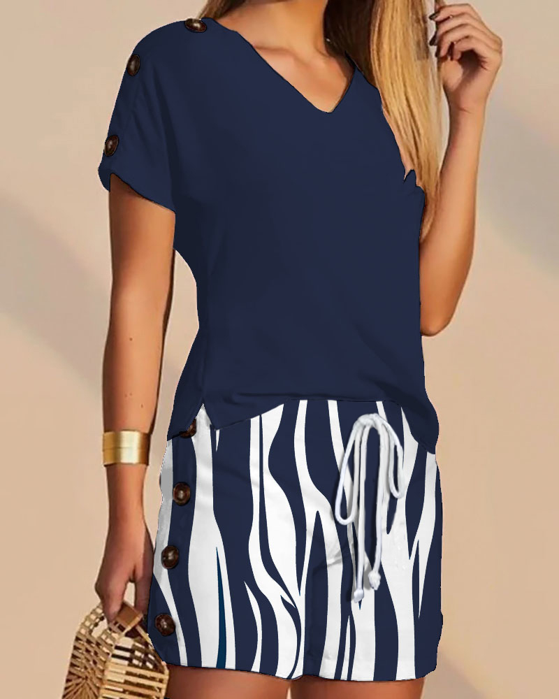 V-Neck T-shirt & Abstract Print Shorts Set